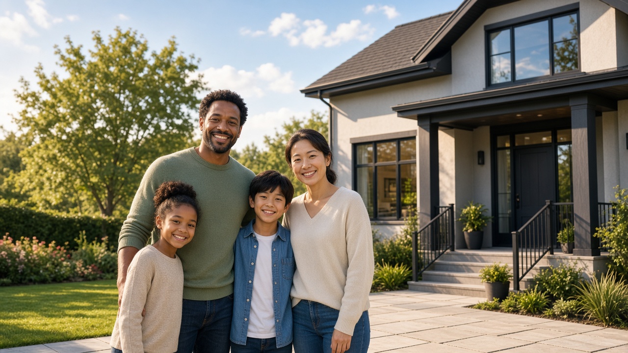Family standing confidently in front of their protected home